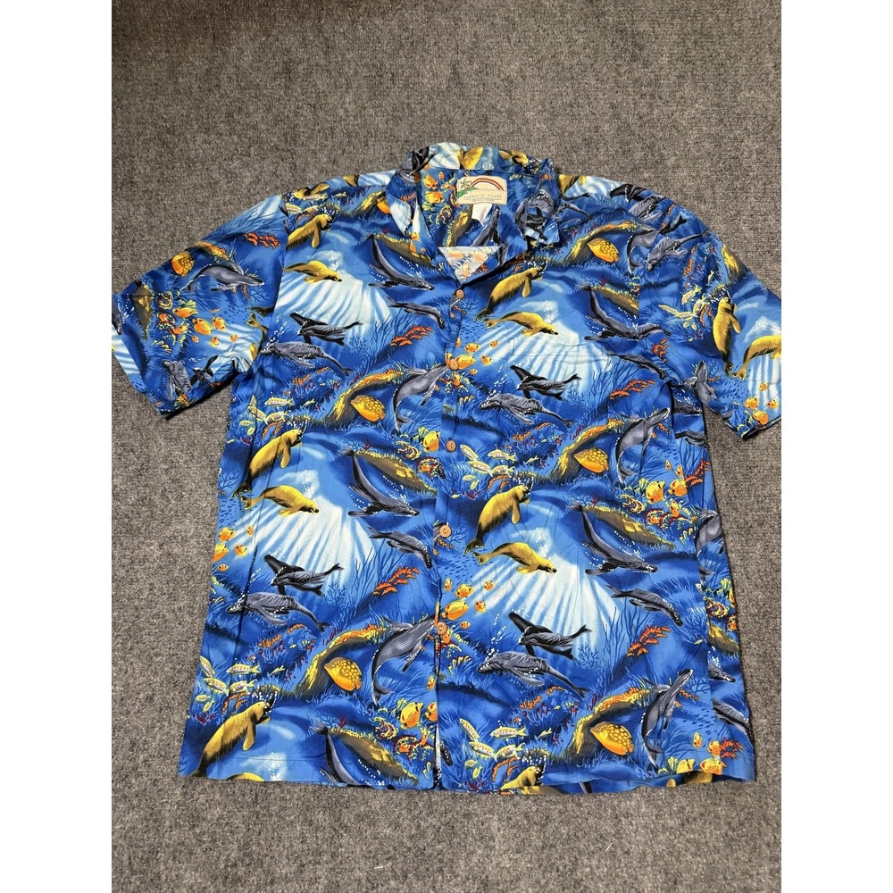 Paradise Found Shirt Mens Large Blue Hawaiian Aloha Ocean Sealife Button Up